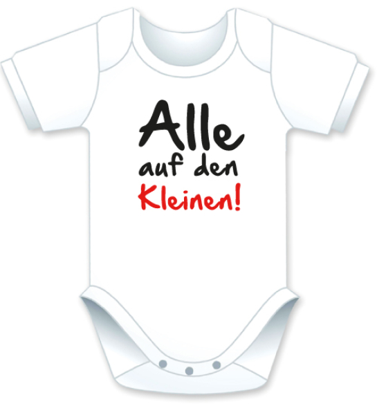 Kurzarm Babybody mit dem Spruch: Alle auf den Kleinen. Die grosse Show der herzigen Babybodies. Die Strampler mit den lustigen Sprüchen. Das finden nicht nur die Kleinkinder lustig, sondern vor allem auch die Erwachsenen haben an diesem Geschenk viel