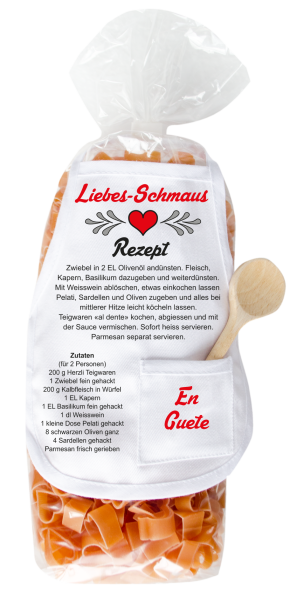 Mit dem Spruch: Liebes-Schmaus. Die beliebten und lustigen Herz Teigwaren. Als Geschenk mit einer kleinen Mini-Schürze und einem herzigen Holzlöffeli. Inklusive Rezept auf Schürzchen. Nudeln hergestellt in der Schweiz. Pasta in Herzform, 40