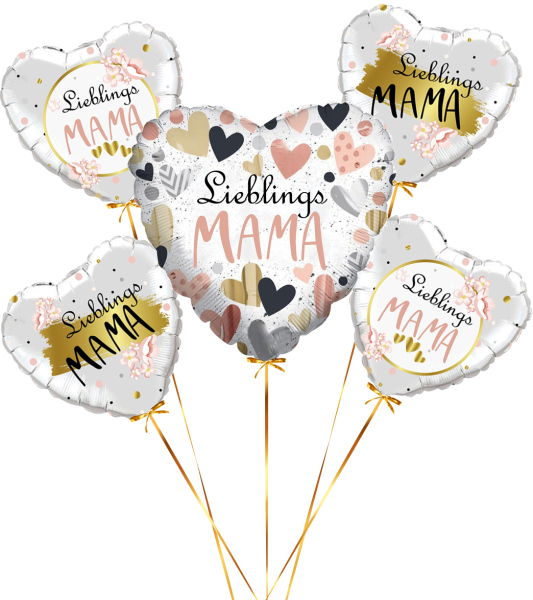 Der Geschenkballon für Muttertag. Der Herzballon mit der Beschriftung Lieblingsmama. Der Folienballon wird mit Heliumgas gefüllt. Wenn das Ballonpaket geöffnet wird, dann fliegt der Herz Ballon aus dem Karton. Natürlich hängen wir noch ein Gewicht dran. E