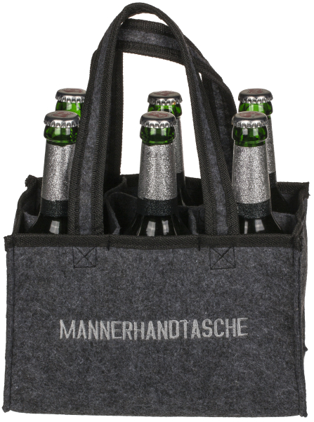 Eine echte Männer Handtasche für Bier. Es ist ein Sixpack Bierträger für Flaschen oder Dosen. Mann kann 6 Bierflaschen oder 6 Bierdosen in die Filztasche stellen. Optimal zum Tragen. Ein cooles Geschenk für alle Bierliebhaber. Biertasche mit dem Aufdruck 