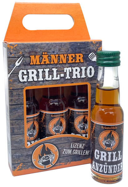 Lizenz zum Grillen. Mit dem Männer Grill-Trio und den drei Likör Shötli lässt es sich gut grillen. Damit der Grillmeister nicht auf dem Trockenen sitzen muss, gibt es etwas zum Anstossen bei der Grillparty. Ein lustiges Geschenk. ​ Männer Grilltrio aus de