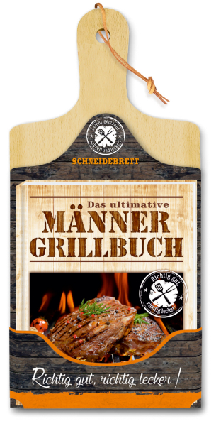 Das ultimative Männer-Grillbuch kombiniert als Geschenkset auf einem Holz-Schneidebrett. Ein tolles Geschenk für Männer.