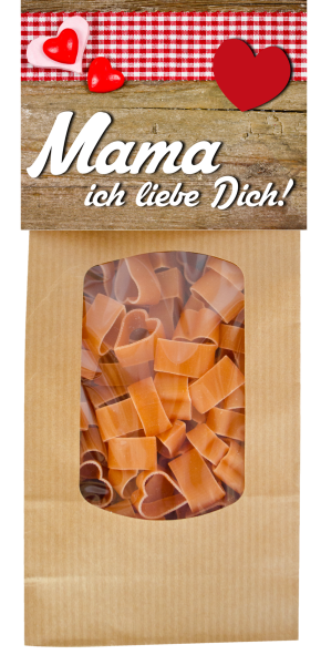 Mit dem Spruch: Mama ich liebe dich. Die beliebten Herz Teigwaren in einer schönen Geschenkpackung. Am Naturbeutel ist eine Etikette angebracht. Vorderseite mit Sprüchen, Rückseite mit einem feinen Pasta Rezept mit Tomaten Mozzarella Sauce. Nudeln hergest