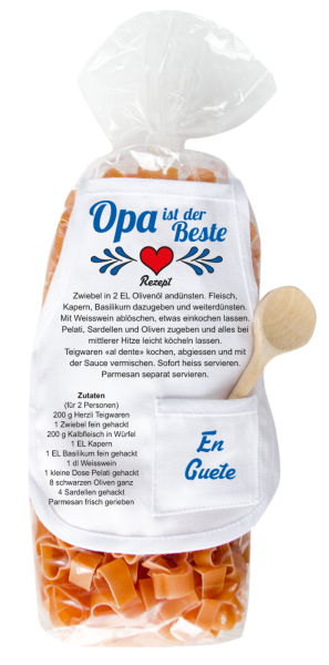 Mit dem Spruch: Opa ist der Beste. Die beliebten und lustigen Herz Teigwaren mit einer kleinen Mini-Schürze und einem herzigen Holzlöffeli. Inklusive Rezept auf Schürzchen. Optimal als Geschenk für Geburtstag oder Weihnachten. Nudeln h