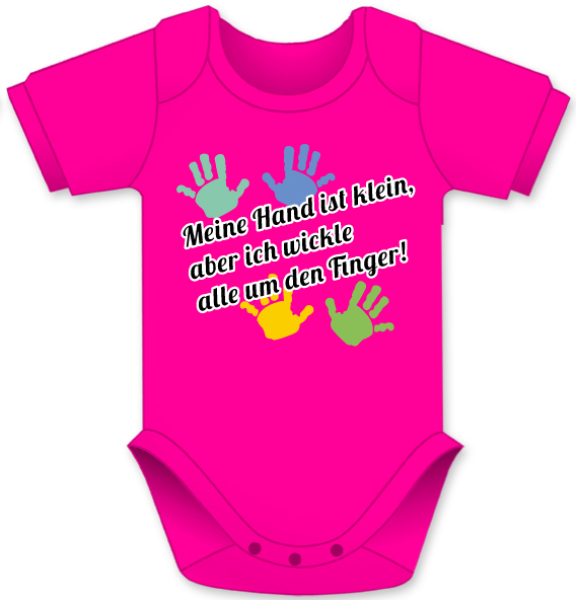 Meine Hand ist klein, aber wickle alle um den Finger. Die lustigen Babybodies mit Spruch. Ein witziges Geschenk für Mädchen und Jungen, ob auf die Geburt, den Geburtstag oder zu Weihnachten. Textilien erfolgreich getestet auf Hautfreundlichkeit. Alle farb