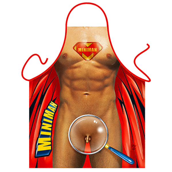 Mini Man. Superman mit dem kleinen Penis. Dazu braucht es sogar eine Lupe. Die lustige und sexy Kochschürze / Grillschürze. Ein Geschenk zum Geburtstag, zur Hochzeit (Braut und Bräutigam), Polterabend oder einfach als witziger Gag für