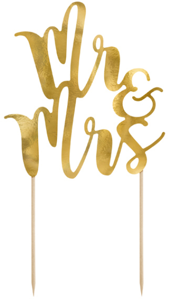 Mr & Mrs Tortenstecker. Der grosse Cake Topper zur Hochzeit. Der grosse goldige Schriftzug aus Karton kann man auf den Geburtstagskuchen oder die Geburtstagstorte stecken. Die Holz-Stecker sind inklusive, und können einfach in die Torte oder den Kuchen ge