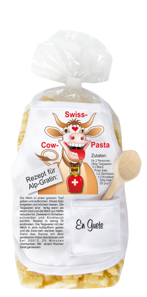 Mit dem Spruch: Swiss Cow Pasta mit Alp Gratin Rezept. Die beliebten und lustigen Kuh Teigwaren. Als Geschenk mit einer kleinen Mini-Schürze und einem herzigen Holzlöffeli. Inklusive Rezept auf Schürzchen. Nudeln hergestellt in der Schweiz.