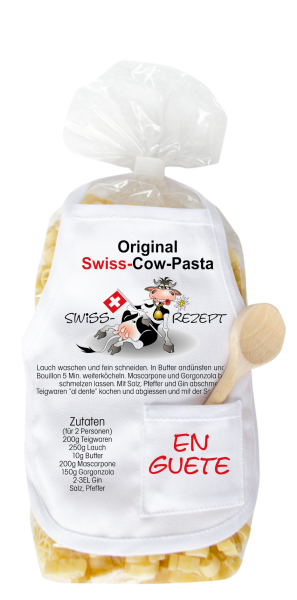 Mit dem Spruch: Swiss Cow Pasta mit Swiss Rezept. Die beliebten und lustigen Kuh Teigwaren. Als Geschenk mit einer kleinen Mini-Schürze und einem herzigen Holzlöffeli. Inklusive Rezept auf Schürzchen. Nudeln hergestellt in der Schweiz. Past