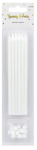 Elegante feine und schlanke Tortenkerzen in weiss. Die modernen Geburtstags Kerzen werden mit Halter geliefert. Die Kuchenkerzen sind 14 cm hoch. 12 Kerzchen in einer Packung.