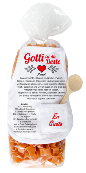 Mit dem Spruch: Gotti ist die Beste. Die beliebten und lustigen Herz Teigwaren mit einer kleinen Mini-Schürze und einem herzigen Holzlöffeli. Inklusive Rezept auf Schürzchen. Optimal als Geschenk für Geburtstag oder Weihnachten. Nudeln