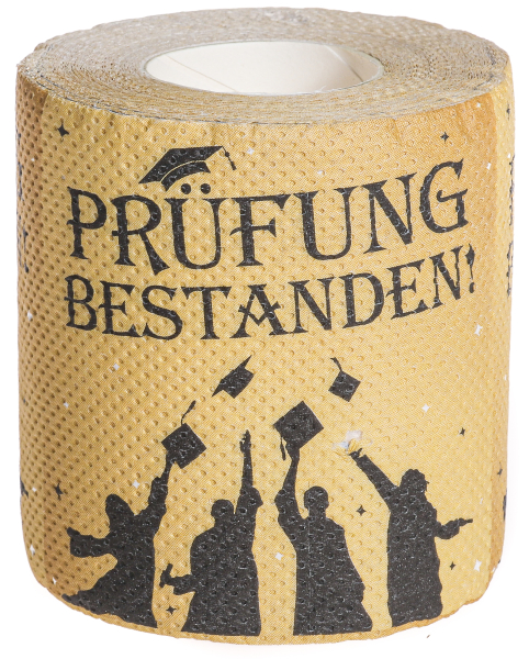 Das Toilettenpapier mit der Aufschrift Prüfung bestanden. Das Klopapier ist ein lustiges Geschenk zur bestandenen Prüfung. Gratuliere mit diesem witzigen WC Papier.  Länge: 25 m