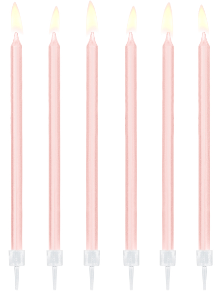 Elegante feine und schlanke Tortenkerzen in rosa. Die modernen Geburtstags Kerzen werden mit Halter geliefert. Die Kuchenkerzen sind 14 cm hoch. 12 Kerzchen in einer Packung.