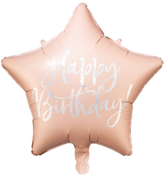 Happy Birthday Stern Ballon, ein Geburtstagsballon. Dieser Folienballon kann mit Helium / Ballongas gefüllt werden. Den Sternballon können sie aber auch mit Luft aufblasen. Dazu einfach ein Strohhalm nehmen, in die Öffnung einfahren und aufpusten. Als Ges