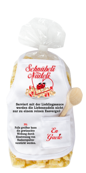 Mit dem Spruch: Schnäbeli Nüdeli. Auf dem Bild ein Marienkäfer. Die beliebten und lustigen Penis Teigwaren. Als Geschenk mit einer kleinen Mini-Schürze und einem herzigen Holzlöffeli. Nudeln hergestellt in der Schweiz. Pasta in Pe