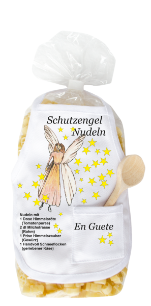 Mit dem Spruch: Schutzengel Nudeln. Die beliebten und lustigen Engel Teigwaren. Als Geschenk mit einer kleinen Mini-Schürze und einem herzigen Holzlöffeli. Inklusive Rezept auf Schürzchen. Nudeln hergestellt in der Schweiz. Pasta in Engelfo