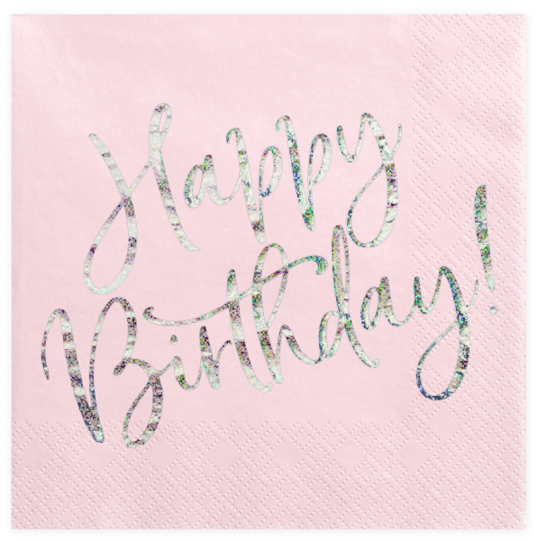 Die moderne und glitzernde Geburtstags Serviette mit dem Glitzer Schriftzug HAPPY BIRTHDAY in der Farbe rosa. Passend zu jeder Geburtstagsparty mit dem Thema rosa. Schöne Tischdekoration zum Glitter Geburtstag. 3-lagig, chlorfrei gebleicht, Farben auf Was