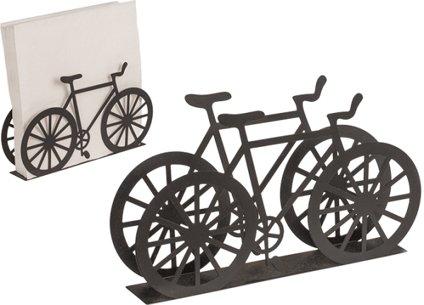 Schwarzer Serviettenständer aus Metall. Das Motiv ist ein Fahrrad. Ein witziges Geschenk für Velo Fahrer und solche, die gerne eine schöne Tischdekoration zu Hause mit Servietten haben.  Grösse ca. 19 x 3 x 9,5 cm