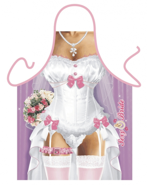 Sexy Bride. Eine Braut zeigt viel nackte Haut und trägt Strapse. Die lustige und sexy Kochschürze / Grillschürze. Ein Geschenk zum Geburtstag, zur Hochzeit (Braut und Bräutigam), Polterabend oder einfach als witziger Gag für die P