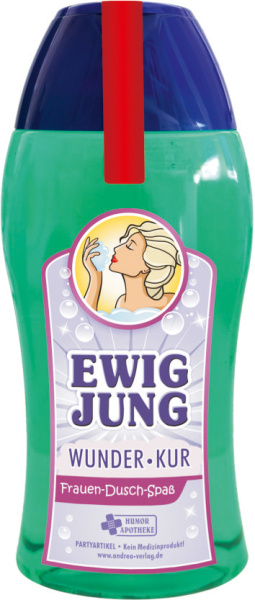 Ewig Jung Wunderkur. Das lustige Frauen Duschmittel. Damit kann sich die Frau unter der Dusche einseifen. Die Shampoo Flasche ist meinem lustigen Spruch bedruckt. Ideal als witziges Geschenk für Frauen zum Geburtstag oder als Weihnachtsgeschenk. Aroma Dus