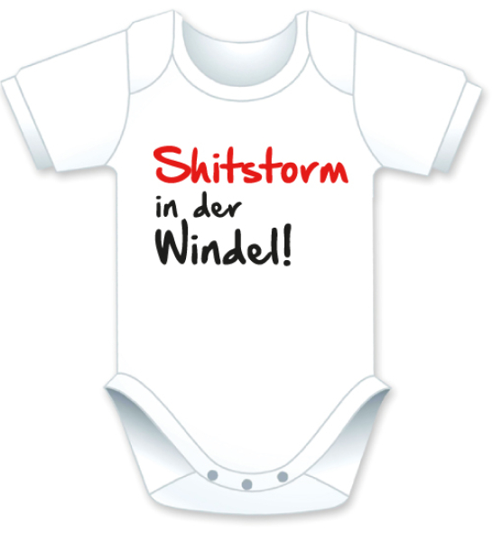 Kurzarm Babybody mit dem Spruch: Shitstorm in der Windel. Die grosse Show der herzigen Babybodies. Die Strampler mit den lustigen Sprüchen. Das finden nicht nur die Kleinkinder lustig, sondern vor allem auch die Erwachsenen haben an diesem Geschenk v