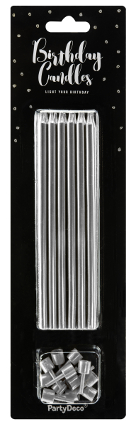 Elegante feine und schlanke Tortenkerzen in silber Die modernen Geburtstags Kerzen werden mit Halter geliefert. Die Kuchenkerzen sind 14 cm hoch und machen sich besonders gut zum Geburstag auf dem Kuchen oder der Torte. 12 Kerzchen in einer Packung.