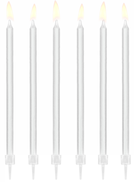 Die edlen Tortenkerzen in der Farbe SILBER. Die Kerzen sind schlank, haben eine glatte Oberfläche und passen in jede schöne Torte und Kuchen. Ideal auch als Geburtstagskerzen im Geburtstagskuchen. 6 Stück in einer Packung, inklusive Stecker, Länge: 6 cm
