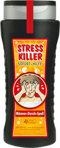 Stress Killer Soforthilfe. Damit kann sich der Mann unter der Dusche einseifen. Die Shampoo Flasche ist einem lustigen Spruch bedruckt. Ideal als witziges Geschenk für Männer zum Geburtstag oder als Weihnachtsgeschenk. Aroma Duschgel in einer Flasche. Das