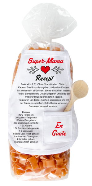 Mit dem Spruch: Super Mama. Ideal für den Muttertag. Die beliebten und lustigen Herz Teigwaren. Als Geschenk mit einer kleinen Mini-Schürze und einem herzigen Holzlöffeli. Inklusive Rezept auf Schürzchen. Nudeln hergestellt in der Schw