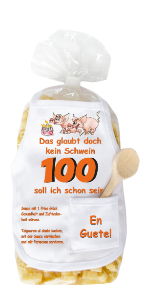 Mit dem Spruch: Das glaubt doch kein Schwein, 100 soll ich schon sein. Für den 100 Jahre Geburtstag. Die beliebten und lustigen Schwein Teigwaren. Als Geschenk mit einer kleinen Mini-Schürze und einem herzigen Holzlöffeli. Inklusive Rezept auf Schürzchen.