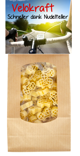 Mit dem Spruch: Velokraft – schneller dank Nudelteller. Die beliebten Velo Teigwaren in einer schönen Geschenkpackung. Am Naturbeutel ist eine Etikette angebracht. Vorderseite mit Sprüchen, Rückseite mit einem feinen Pasta Rezept mit