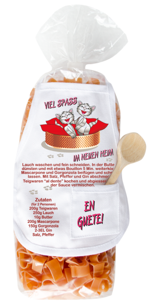 Mit dem Spruch: Viel Spass im neuen Heim. Die beliebten und lustigen Herz Teigwaren. Als Geschenk mit einer kleinen Mini-Schürze und einem herzigen Holzlöffeli. Inklusive Rezept auf Schürzchen. Nudeln hergestellt in der Schweiz. Pasta in He