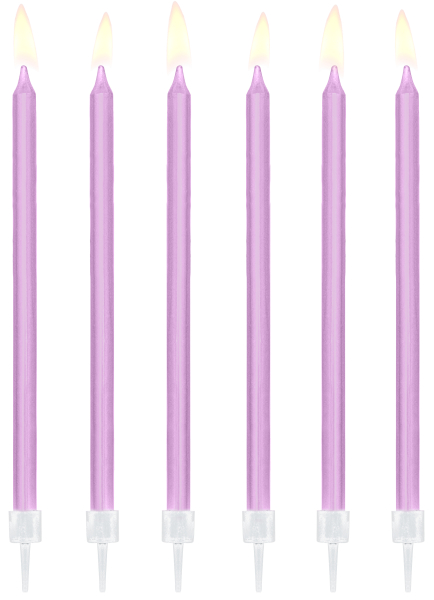 Elegante feine und schlanke Tortenkerzen in violett. Die modernen Geburtstags Kerzen werden mit Halter geliefert. Die Kuchenkerzen sind 14 cm hoch. 12 Kerzchen in einer Packung.
