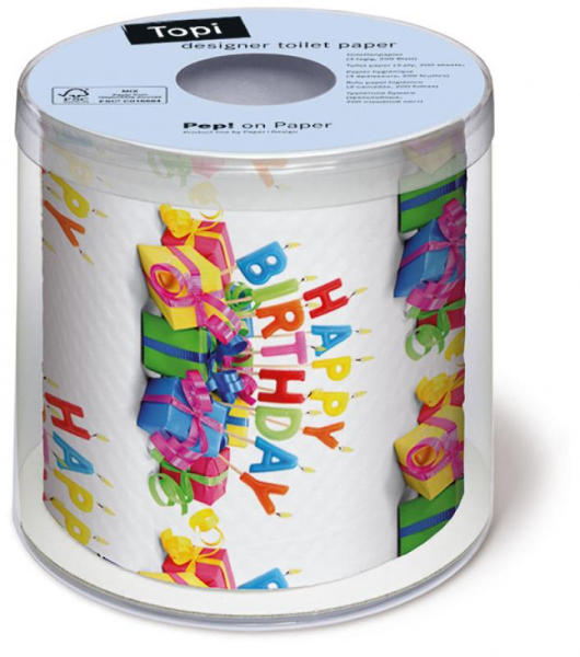 Ein Geschenk zum Geburtstag. Happy Birthday. Das originelle Toilettenpapier für beste Unterhaltung auf dem Klo. Verpackt in einer Klarsicht-Box.