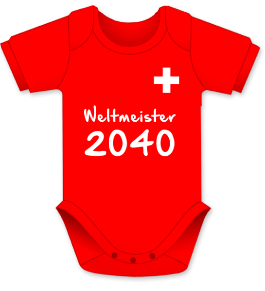 Weltmeister 2040. Die lustigen Schweizer Babybodies mit Spruch. Ein witziges Geschenk für Mädchen und Jungen, ob auf die Geburt, den Geburtstag oder zu Weihnachten. Textilien erfolgreich getestet auf Hautfreundlichkeit. Alle farbigen Babybody erhältlich i