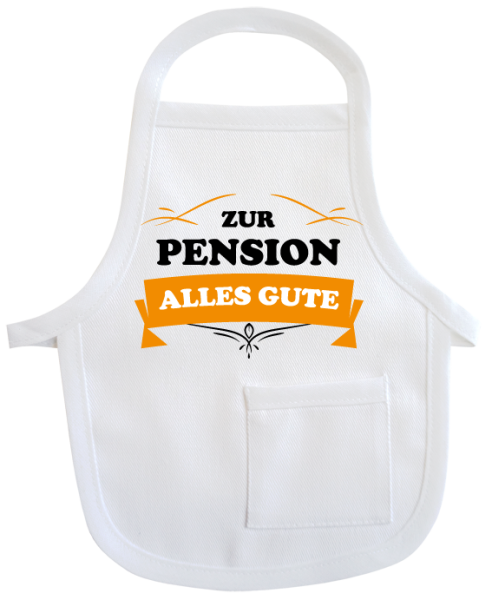 Ein kleines Geschenk zur Pension, Pensionierung, zum Ruhestand. Zum Abschied eine Mini Schürze aus Baumwolle. Zum Umhängen an Flaschen oder Geschenke. Ideal für Geburtstag oder Jubiläum.