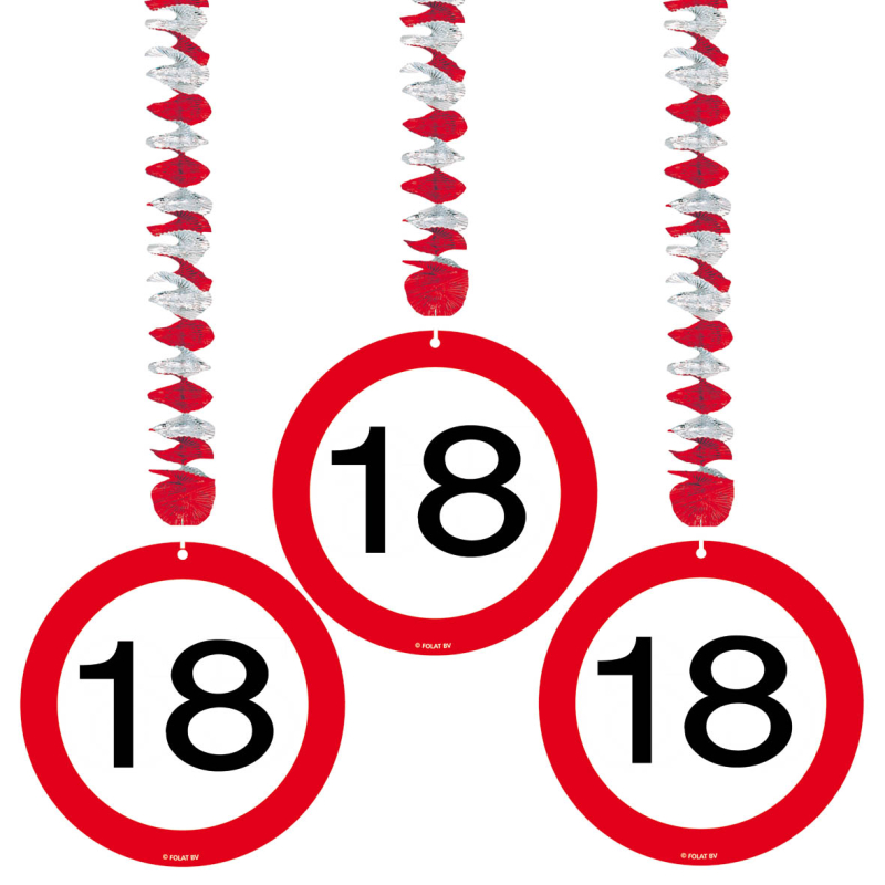 Hänge Dekoration zum 18. Geburtstag. Auch geeignet für ein 18 Jahr Jubiläum, also zur Volljährigkeit. Endlich erwachsen. Mit Spirale aus feinem Aluminium Papier und einer Verkehrstafel aus Karton. Die Deko kann ganz einfach von der Decke runter gehängt we