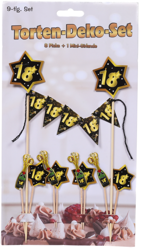 Happy Birthday, alle Gute zum 18. Geburtstag. Partydekoration in den Farben SCHWARZ und GOLD.  Mit dieser Torten Dekoration dekorieren sie jeden Kuchen. Das Set enthält eine Mini-Girlande und 8 kleine Zahnstocher-Fähnchen. Dekorieren Sie den Geburtstagsku