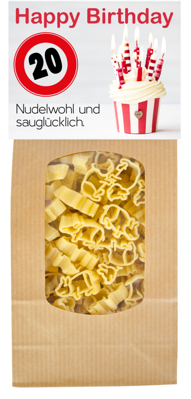 Happy Birthday zum 20. Geburtstag. Nudelwohl und sauglücklich. Die beliebten Schwein Teigwaren in einer schönen Geschenkpackung. Am Naturbeutel ist eine Etikette angebracht. Vorderseite mit Sprüchen, Rückseite mit einem feinen Pasta Rezept mit Tomaten Moz
