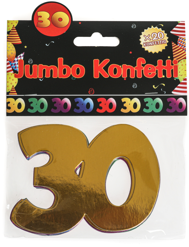 Die grossen Jumbo Konfetti zum 30. Geburtstag. Im Beutel hat es 20 Schriftzüge mit der Zahl 30, verschiedene Farben. Material ist metallisiert glänzender Karton. Die grossen Streukonfetti können als Tischdekoration, als Dekoration für ein Paket oder auch 