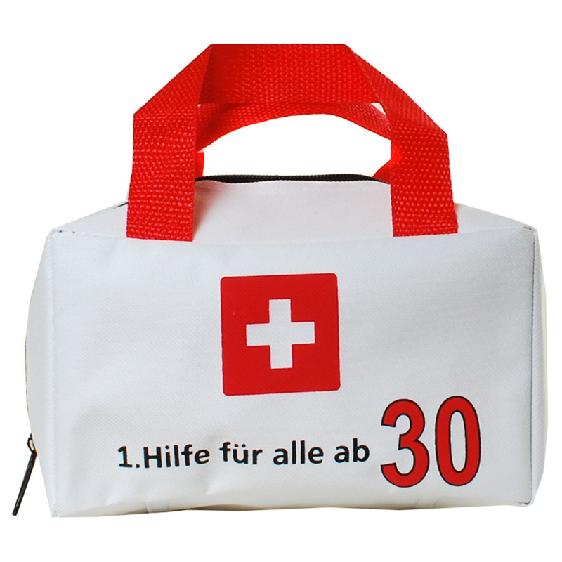 Die Notfall Tasche zum 30. Geburtstag. 1. Hilfe für alle ab 30 Jahren. Die Notfalltasche kann mit wichtigen Sachen gefüllt werden. Eine lustige Geschenkverpackung zum Füllen und Schenken. Die 1. Hilfe Tasche ist Polyester, mit Henkel und hat einem Reissve