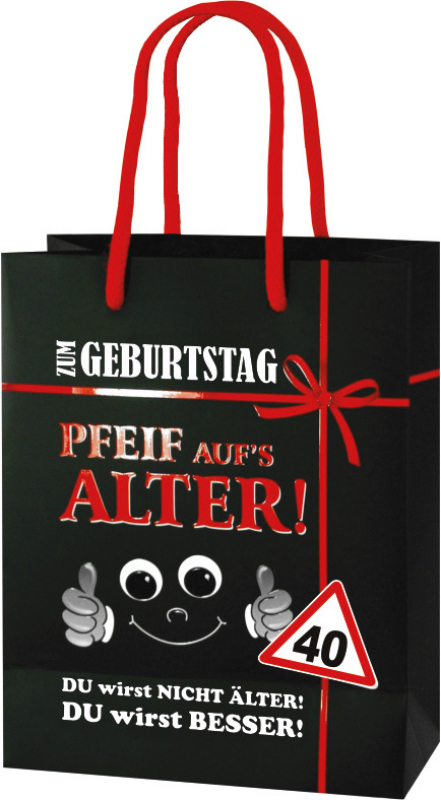 Happy Birthday, pfeif aufs Alter! Geschenksack zum 40. Geburtstag. Eine gute Idee zur Verpackung von einem Geschenk. Ein schöner Sack mit veredeltem Glanzdruck. Viele weitere Geschenksäckli finden sie auch bei uns im Flippy Shop St.Gallen und bei Carina G