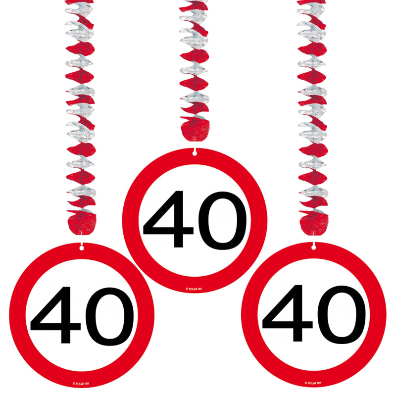 Hänge Dekoration zum 40. Geburtstag. Auch geeignet für ein 40 Jahr Jubiläum. Mit Spirale aus feinem Aluminium Papier und einer Verkehrstafel aus Karton. Die Deko kann ganz einfach von der Decke runter gehängt werden. Das runde rot-weisse Tempolimit Schild