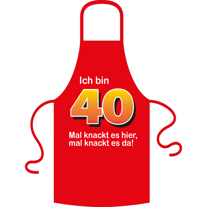 Die Kochschürze zum 40. Geburtstag. Die Küchenschürze mit dem Spruch: ICH BIN 40…  Der Spruch unter der Zahl 40 kann aus verschiedenen Sprüchen ausgewählt werden. So wird die Schürze individuell für Frauen und Männer angepasst. Ein schönes Geschenk zum ru