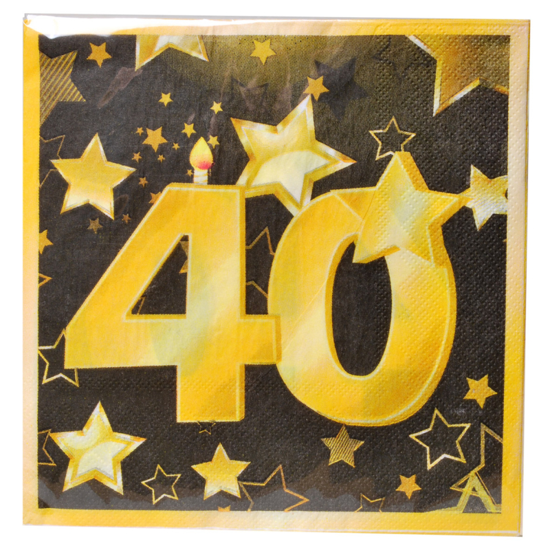 Happy Birthday, Servietten zum 40. Geburtstag. Mit der Zahl 40 aufgedruckt auf die Papierservietten. Die Serviette ist im beliebten Design mit den Farben schwarz und gold. Eignet sich für eine schöne Tischdekoration bei der Geburtstagsparty.   Inhalt: 20 