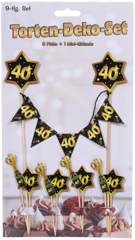 Happy Birthday, alle Gute zum 40. Geburtstag. Partydekoration in den Farben SCHWARZ und GOLD.  Mit dieser Torten Dekoration dekorieren sie jeden Kuchen. Das Set enthält eine Mini-Girlande und 8 kleine Zahnstocher-Fähnchen. Dekorieren Sie den Geburtstagsku