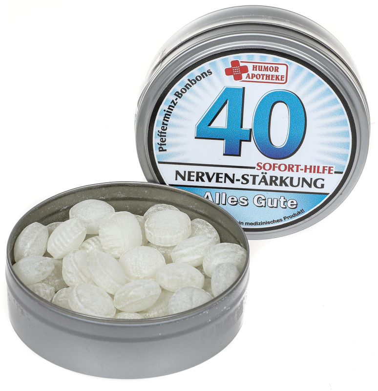 40 Jahre, Happy Birthday! Alles Gute zum Geburtstag. Mit dem Spruch SOFORT HIFLE, NERVEN STÄRKUNG. Die erfrischenden Pfefferminz Bonbons in der runden Dose sind ein Produkt aus der bekannten Humor Apotheke. Ein lustiges und witziges Geburtstags Geschenk f