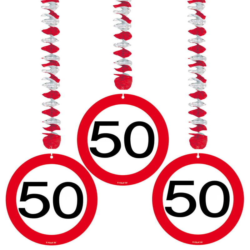 Hänge Dekoration zum 50. Geburtstag. Auch geeignet für ein 50 Jahr Jubiläum. Mit Spirale aus feinem Aluminium Papier und einer Verkehrstafel aus Karton. Die Deko kann ganz einfach von der Decke runter gehängt werden. Das runde rot-weisse Tempolimit Schild