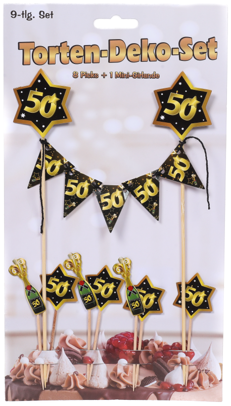 Happy Birthday, alle Gute zum 50. Geburtstag. Partydekoration in den Farben SCHWARZ und GOLD.  Mit dieser Torten Dekoration dekorieren sie jeden Kuchen. Das Set enthält eine Mini-Girlande und 8 kleine Zahnstocher-Fähnchen. Dekorieren Sie den Geburtstagsku