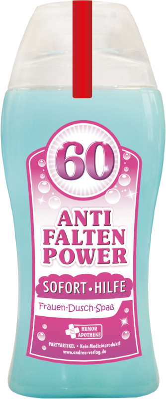 Anti Falten Power Soforthilfe. Das lustige Frauen Duschmittel zum 60. Geburtstag. Damit kann sich die Frau unter der Dusche einseifen. Die Shampoo Flasche ist meinem lustigen Spruch bedruckt. Ideal als witziges Geschenk für Frauen zum Geburtstag mit der Z